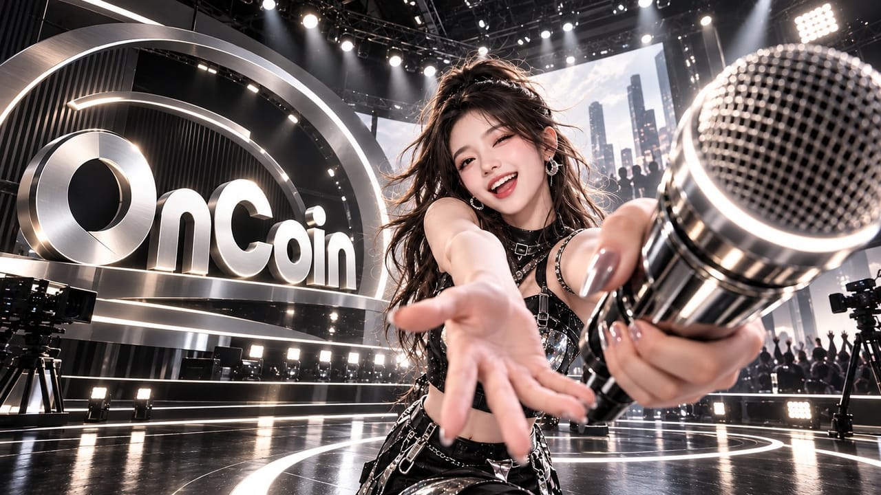 Hình quảng bá của OnCoin: người mẫu cầm micro trên sân khấu có logo OnCoin